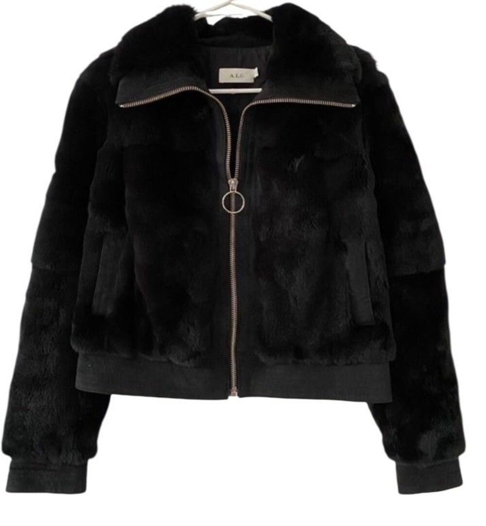 $700 A.L.C. Boyce REAL Fur Black Bomber Jacket Lux Rabbit Y2k Soft Zip ALC XS
